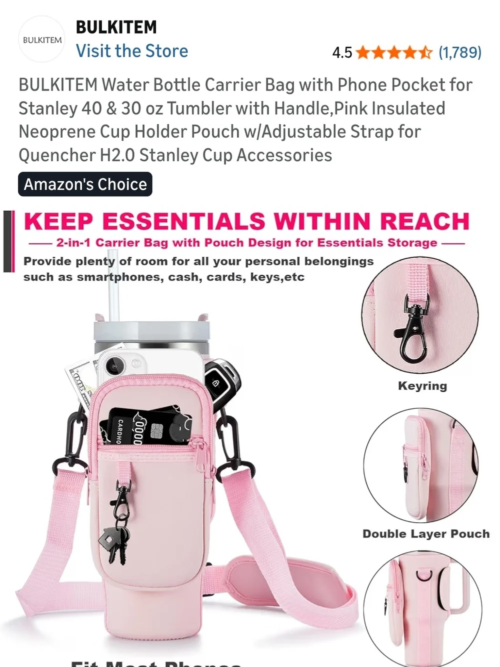 Pink Insulated Neoprene Bottle Carrier with Phone Pocket